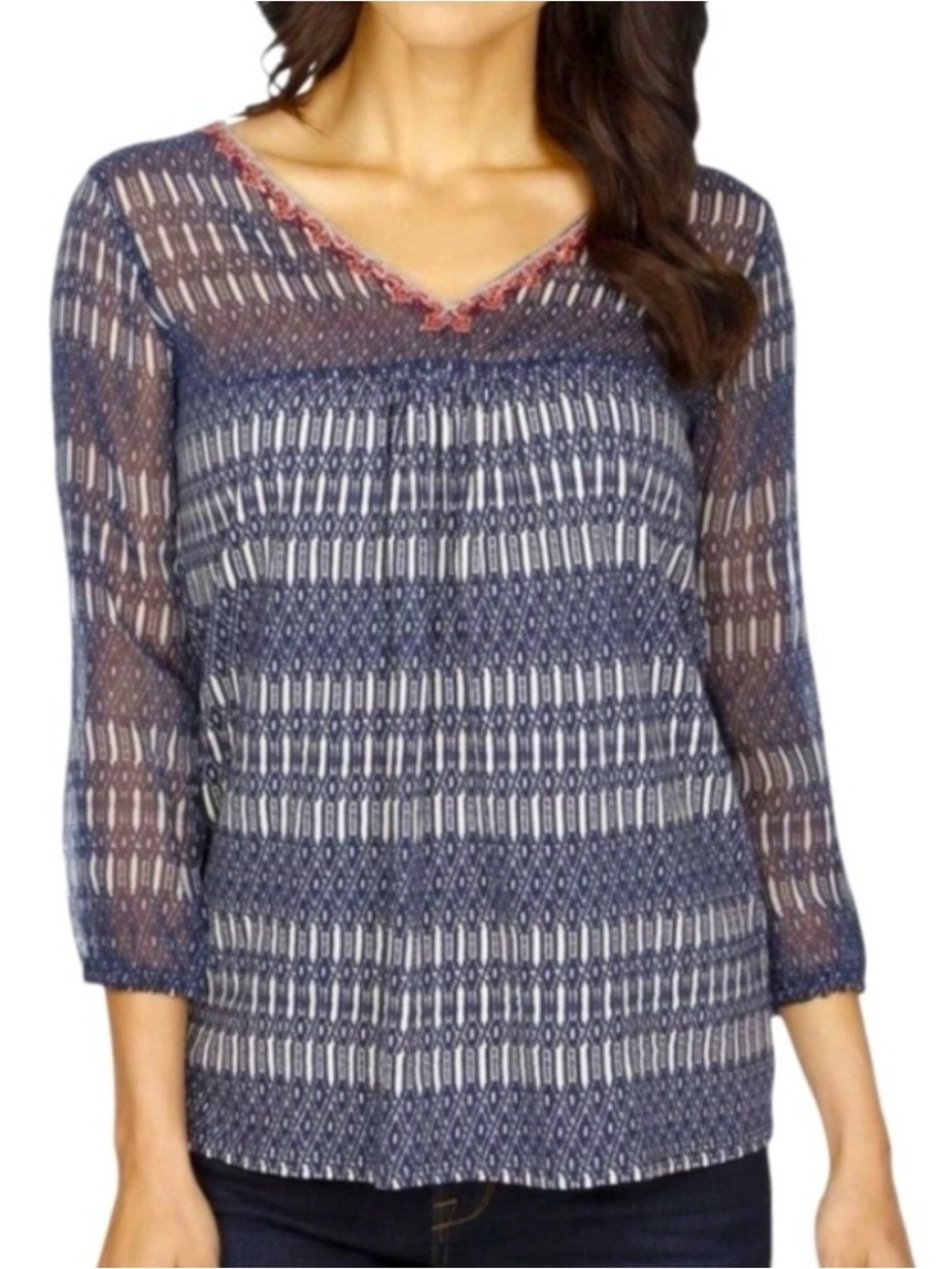 Lucky Brand Embroidered V-Neck Pullover Top